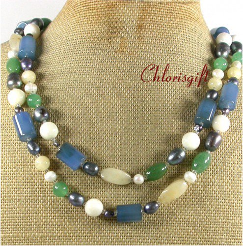LONG! 40 BLUE AGATE YELLOW GREEN JADE PEARLS NECKLACE