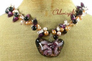 BUTTERFLY LAMPWORK CAT EYE QUARTZ PEARL NECKLACE