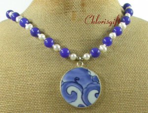 MING DYNASTY POTTERY SHARD BLUE JADE PEARLS NECKLACE