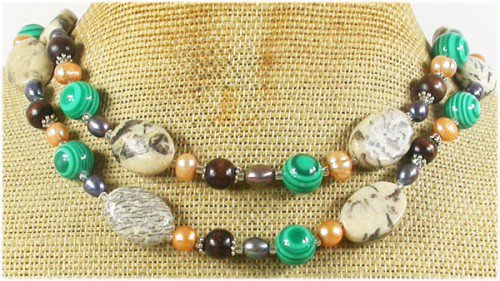 LONG! 40 SESAME JASPER MALACHITE WOOD PEARLS NECKLACE