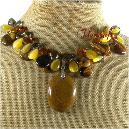 BROWN AGATE TIGER EYE CAT EYE CRYSTAL PEARL NECKLACE