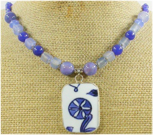 MING DYNASTY POTTERY SHARD & BLUE AGATE JADE NECKLACE