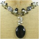 BLACK AGATE PICASSO JASPER CRYSTAL PEARLS NECKLACE