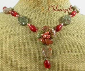AUTUMN JASPER FLOWER RED CORAL FW PEARL NECKLACE