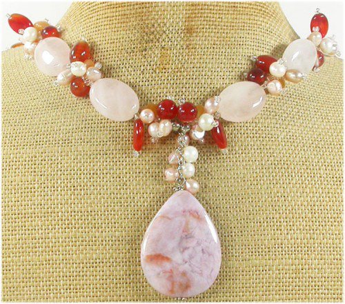 SAGE PLUME AGATE ROSE QUARTZ RED CARNELIAN NECKLACE