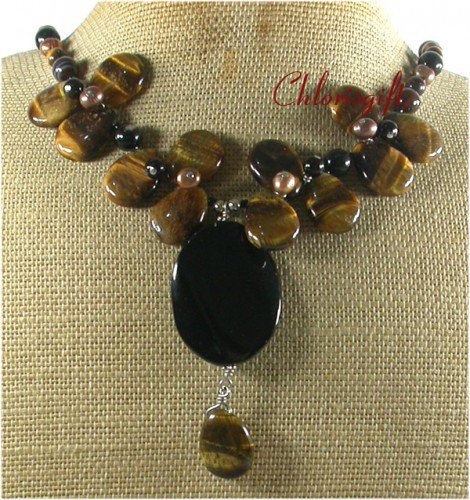 BLACK AGATE TIGER EYE FRESH WATER PEARLS NECKLACE