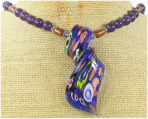 MURANO GLASS & PURPLE JADE & FW PEARL NECKLACE