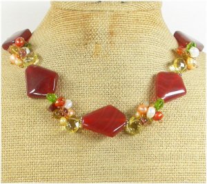 RED CARNELIAN & AGATE & CRYSTAL & FW PEARL NECKLACE