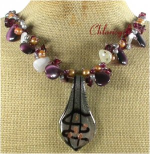 MURANO GLASS JADE AGATE CAT EYE FW PEARL NECKLACE