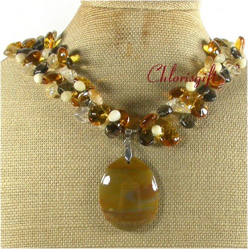 BROWN AGATE CITRINE YELLOW JADE CRYSTAL NECKLACE