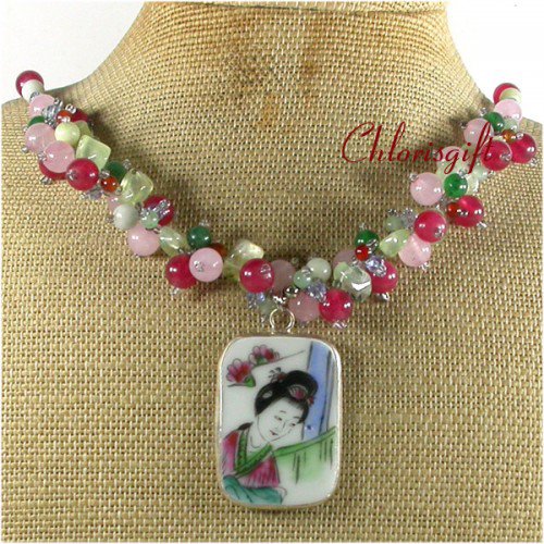 MING DYNASTY POTTERY SHARD JADE QUARTZ CRYSTAL NECKLACE