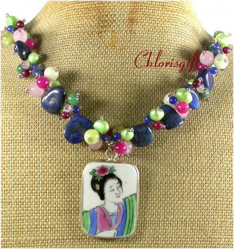 MING DYNASTY POTTERY SHARD JADE LAZULI LAPIS NECKLACE