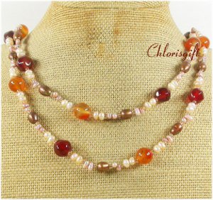 LONG! 40 AGATE & FRESH WATER PEARLS NECKLACE