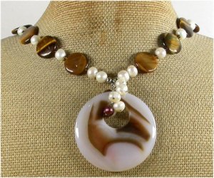 BRAZILIAN AGATE TIGER EYE FW PEARL NECKLACE