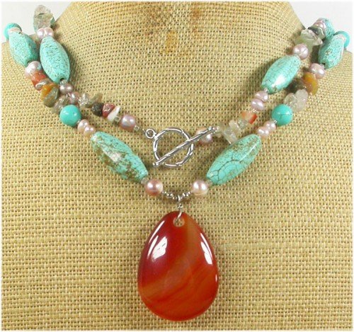 LONG! 40 RED AGATE & TURQUOISE & QUARTZ NECKLACE