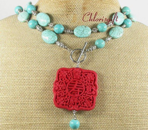 LONG! 40 RED CINNABAR & TURQUOISE NECKLACE