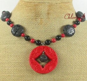 RED CINNABAR VOLCANO LAVA & RED CORAL NECKLACE