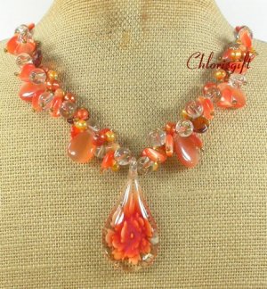 FLOWER LAMPWORK & CAT EYE & CRYSTAL & FW PEARL NECKLACE