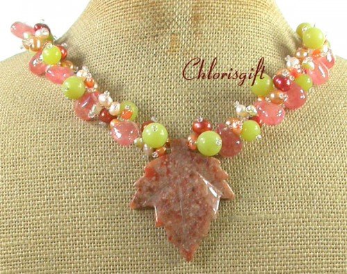 AUTUMN JASPER LEAF OLIVE JADE CHERRY QUARTZ NECKLACE