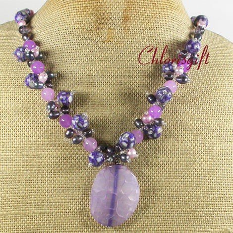 PURPLE FIRE AGATE JADE MOP FW PEARL NECKLACE