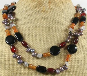 LONG! 40 BLACK RED ORANGE GREY AGATE & PEARL NECKLACE