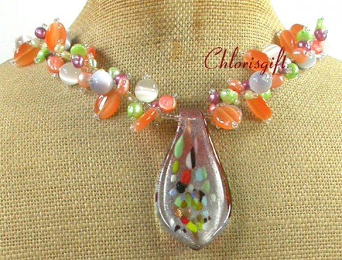 MURANO GLASS & CAT EYE & FRESH WATER PEARL NECKLACE