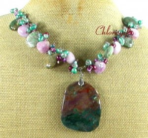 FANCY JASPER MOSS AGATE JADE PEARL NECKLACE