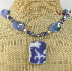 POTTERY SHARD BLUE AGATE PEARLS NECKLACE