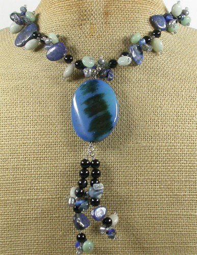 BLUE AGATE AMAZONITE LAZULI LAPIS BLACK AGATE NECKLACE