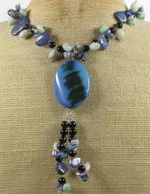 BLUE AGATE AMAZONITE LAZULI LAPIS BLACK AGATE NECKLACE