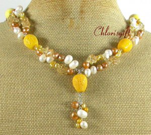 ORANGE CORAL & CITRINE QUARTZ & PEARL NECKLACE