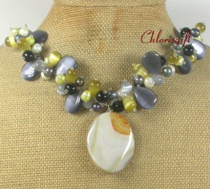 YELLOW AGATE CAT EYE FW PEARL NECKLACE