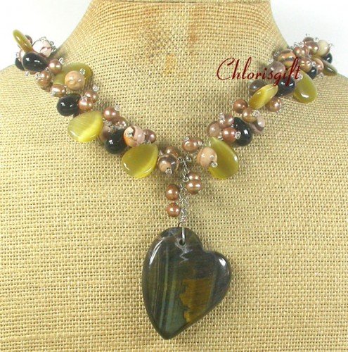 TIGER EYE BLACK AGATE CAT EYE JASPER PEARLS NECKLACE