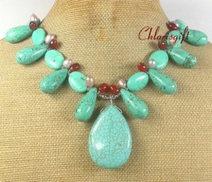 TURQUOISE & RED CARNELIAN & FW PEARL NECKLACE