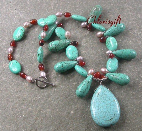 TURQUOISE & RED CARNELIAN & FW PEARL NECKLACE