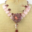 FANCY JASPER FLOWER ROSE QUARTZ CARNELIAN NECKLACE
