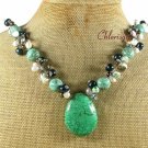 TURQUOISE & TREE AGATE & FRESH WATER PEARLS NECKLACE