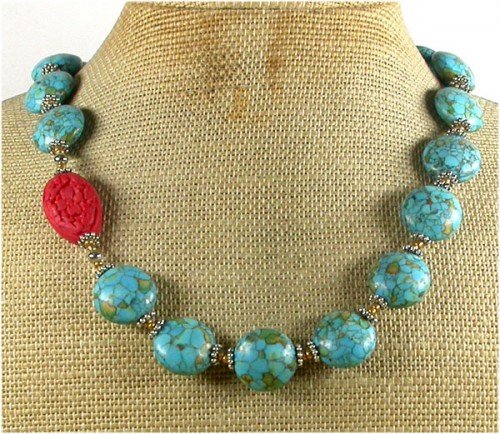 RED CINNABAR & BLUE MOSAIC TURQUOISE NECKLACE