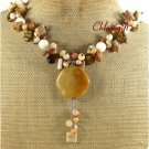 YELLOW JADE FOSSIL AGATE TIGER EYE PEARLS NECKLACE