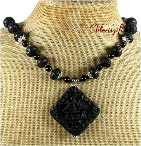 BLACK CINNABAR AGATE VOLCANO LAVA NECKLACE