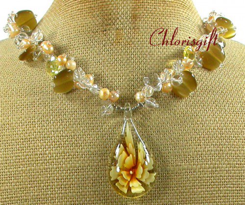 FLOWER LAMPWORK CAT EYE CRYSTAL PEARLS NECKLACE
