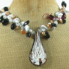 FLOWER LAMPWORK BLACK AGATE CAT EYE PEARLS NECKLACE