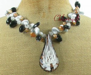 FLOWER LAMPWORK BLACK AGATE CAT EYE PEARLS NECKLACE