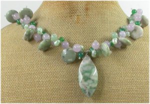 20 inch LOTUS JASPER & LAVENDER GREEN JADE & PEARL NECKLACE