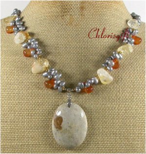 FOSSIL AGATE RED AGATE CITRINE FW PEARLS NECKLACE