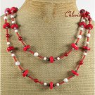 LONG! 40 inch RED CORAL WHITE TURQUOISE JASPER NECKLACE