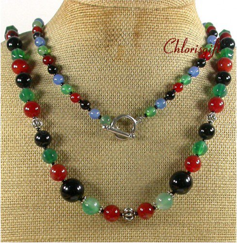 LONG! 40 RED BLACK BLUE GREEN AGATE NECKLACE