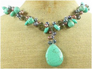 TURQUOISE & SMOKY CRYSTAL & FW PEARL NECKLACE