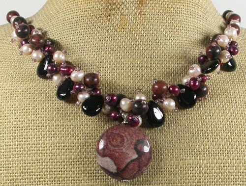 RED BROWN PICTURE JASPER BLACK AGATE PEARLS NECKLACE