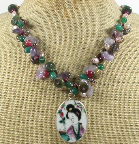 POTTERY SHARD AGATE FLUORITE JADE NECKLACE